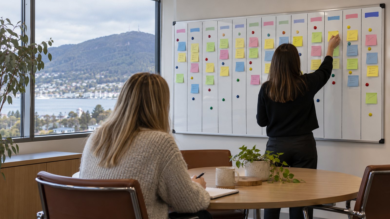 Property managers mapping a 13-week automation rollout on a meeting room whiteboard with sticky notes